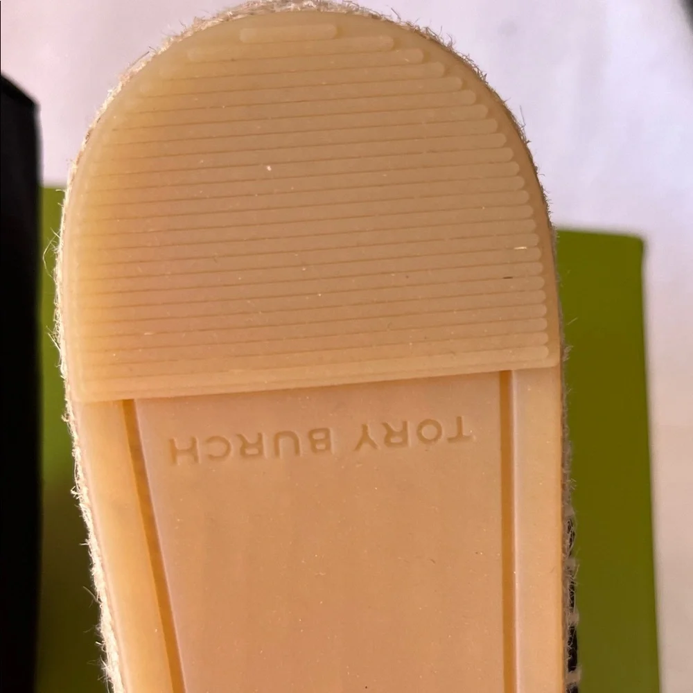 Tory Burch Black and Natural Stripe Espadrille Slip-Ons